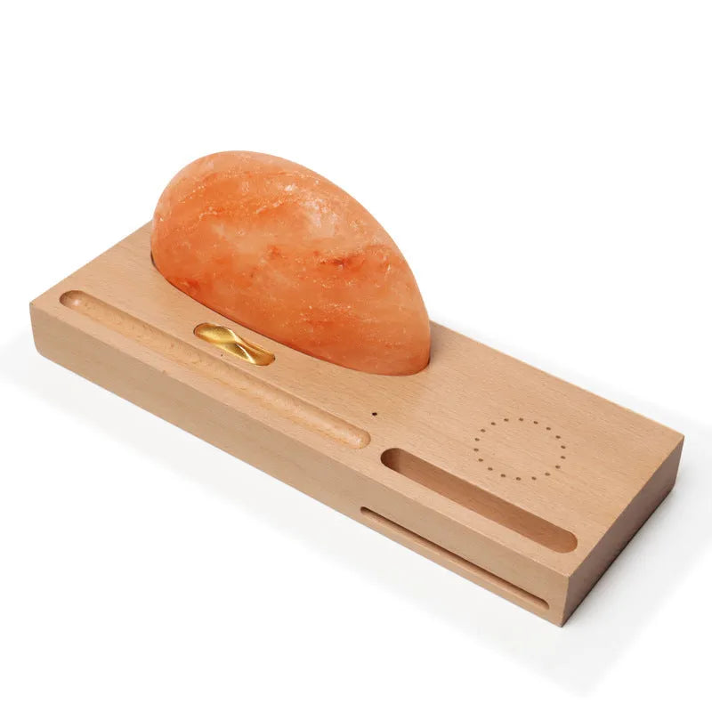 Sunrise Oriental wooden base salt lamp with natural crystal shade and integrated wireless phone charging pad