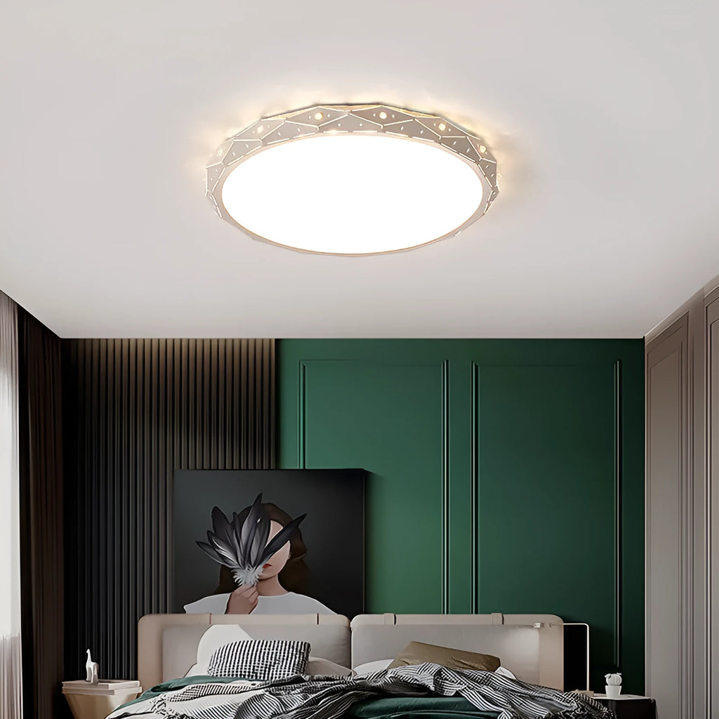 Round iron frame LED ceiling light showing black and white finish options in various diameters