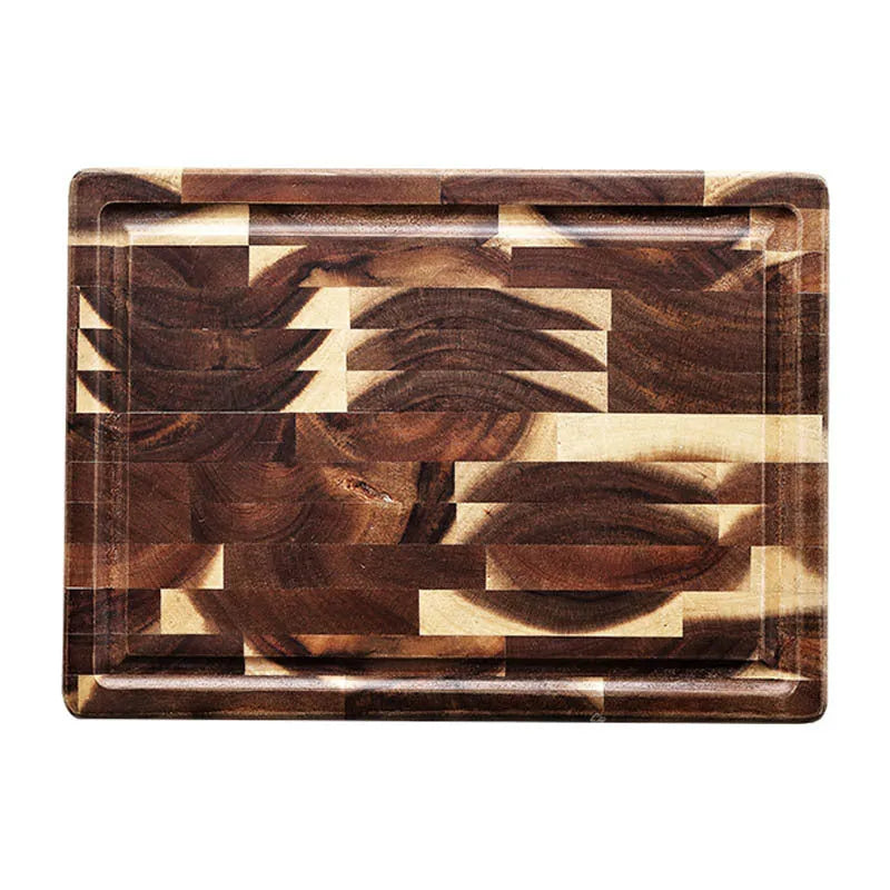 Brown parquet-pattern solid wood chopping board with 3cm thickness on a kitchen counter.