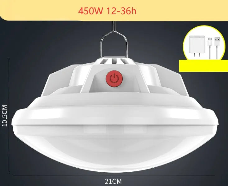 Multifunctional camp LED light with charging capability showing illumination radius measurement