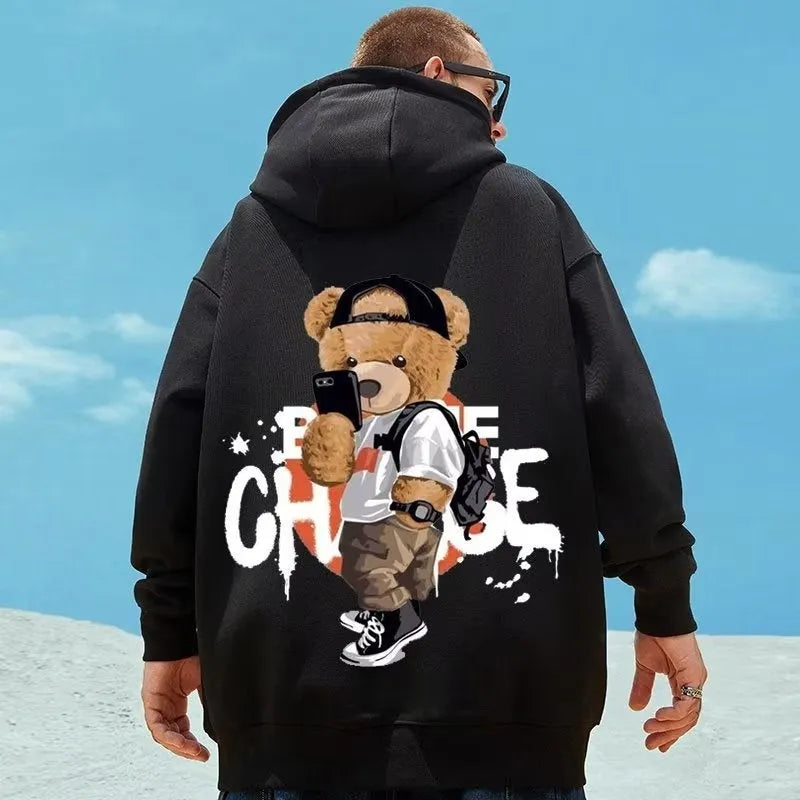Men's plus size pullover hooded sweatshirt in black with wool lining and front pocket