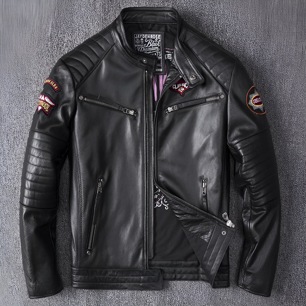 Men's black genuine leather stand collar motorcycle jacket with skull pattern