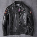 Men's black genuine leather stand collar motorcycle jacket with skull pattern