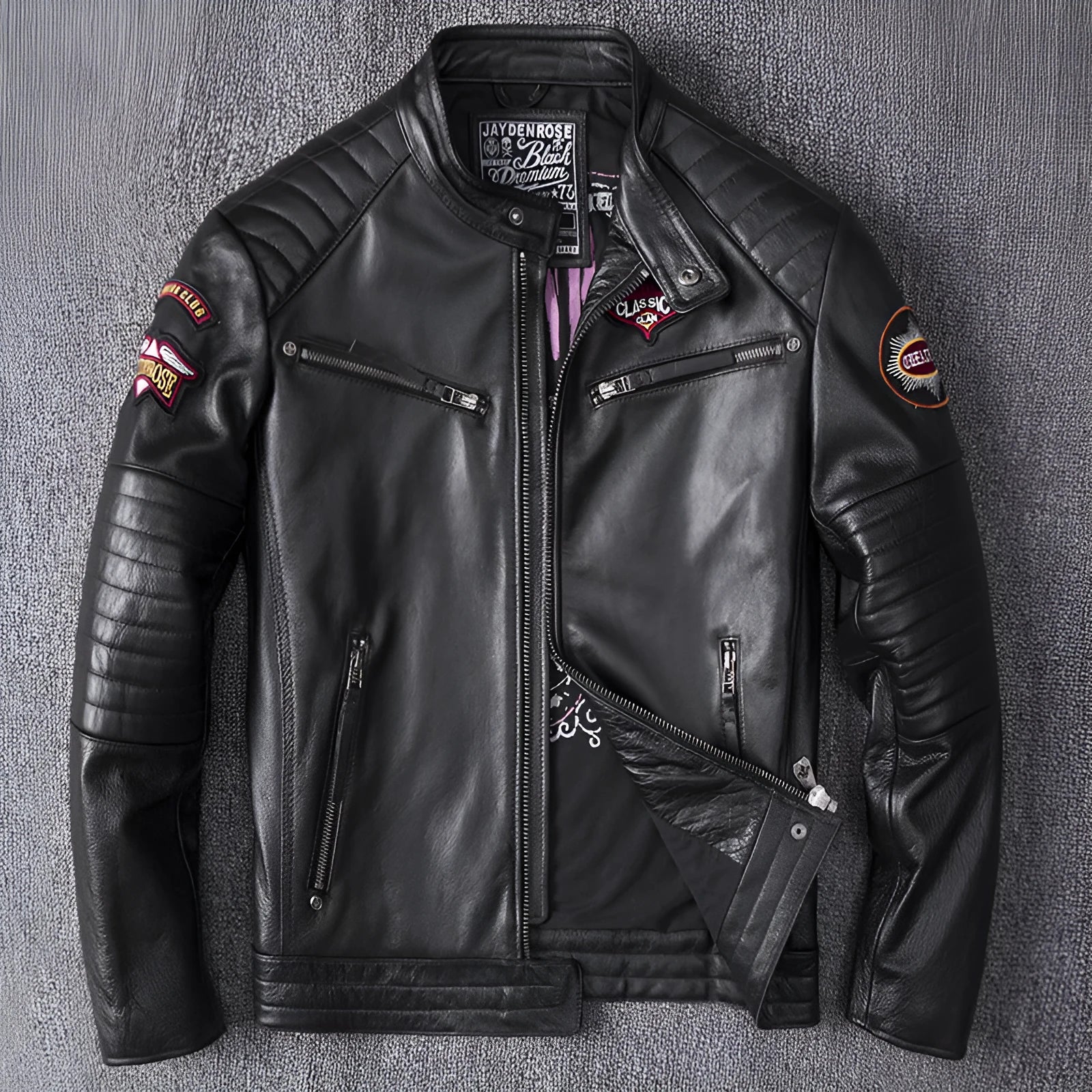 Men's black genuine leather stand collar motorcycle jacket with skull pattern