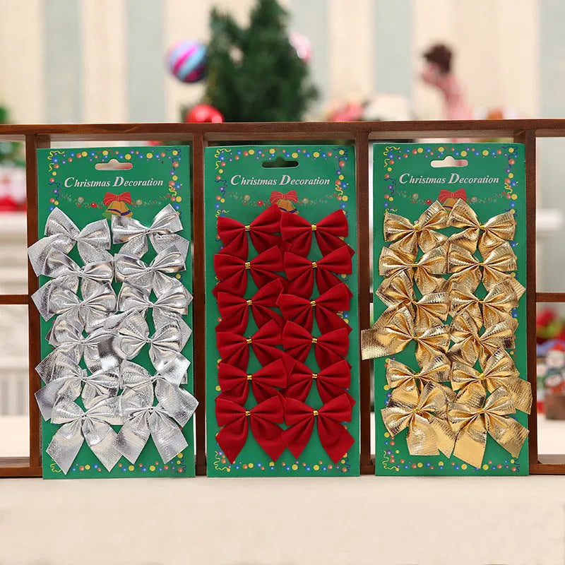 A red, gold, and silver polyester Christmas decoration bow ornament measuring 5 cm.