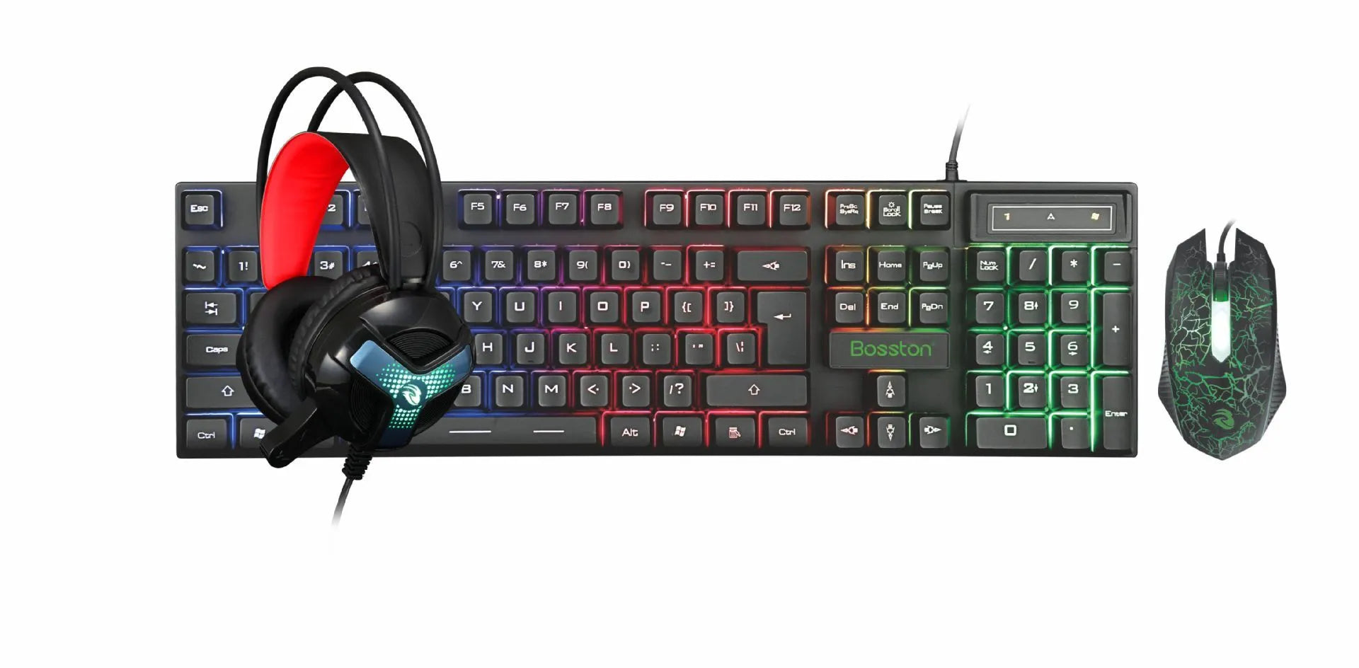 Thunder Wolf T800 wired gaming bundle showing keyboard, mouse, headset, and mouse mat with RGB lighting