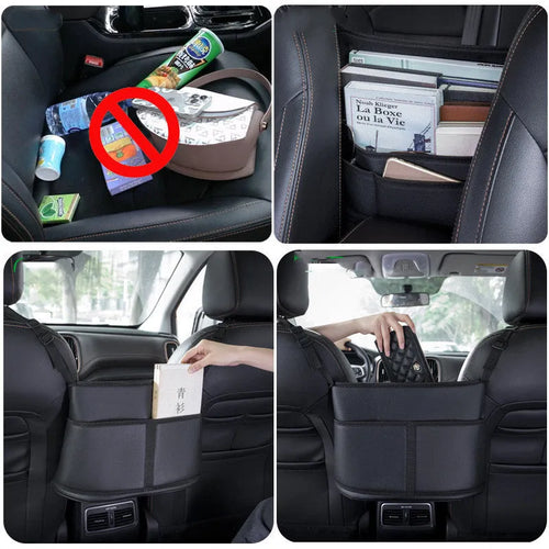 Black leather car seat storage bag with carbon fibre pattern measuring 38x24x15cm