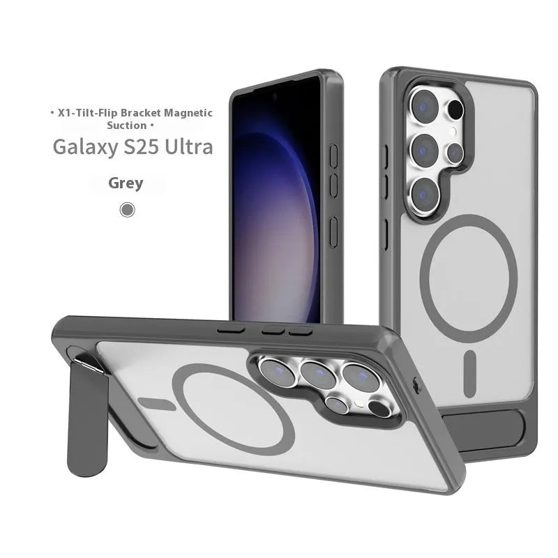 Magnetic suction phone case for Samsung S25 Ultra with Magsafe oblique turning bracket in black