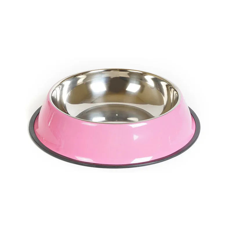 Stainless steel pet bowl with colourful melamine exterior and non-slip rubber base in multiple size options