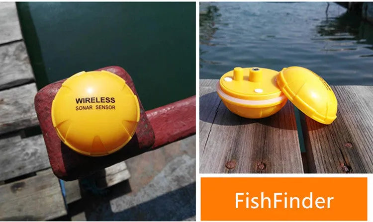 Yellow wireless sonar fish finder with compact 68x68x50cm housing for handheld use