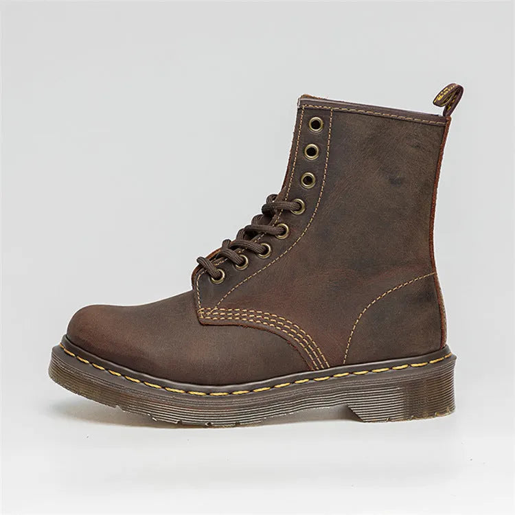 Crazy Horse leather Martin boots with round toe, wedge heel, and front lace-up closure on a white background