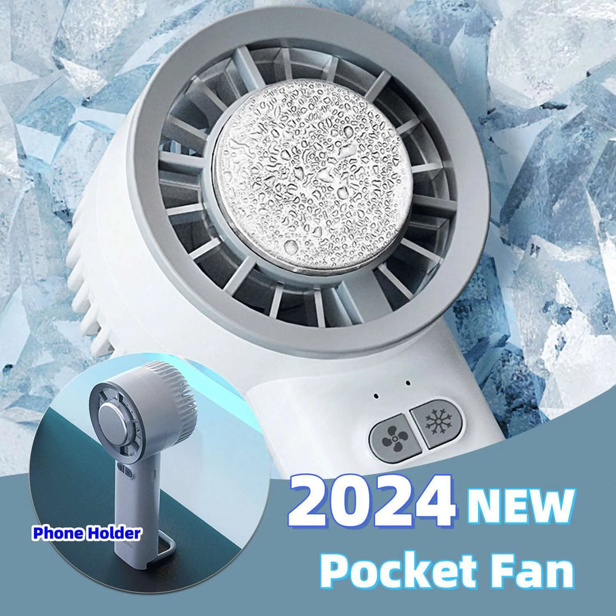 White handheld turbo jet fan with brushless motor, ice-cooling function, and 3 speed gears on a light background