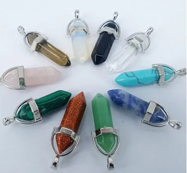 Crystal necklace with six corner column pendant in alloy and natural stone with iron chain