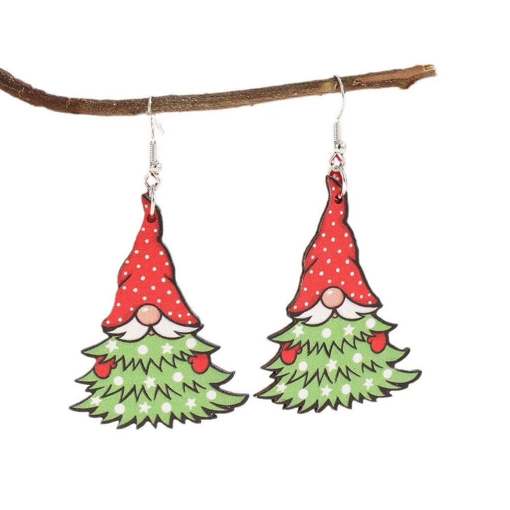 Women's wooden Christmas earrings with printed tree and snowman designs and Santa motifs.