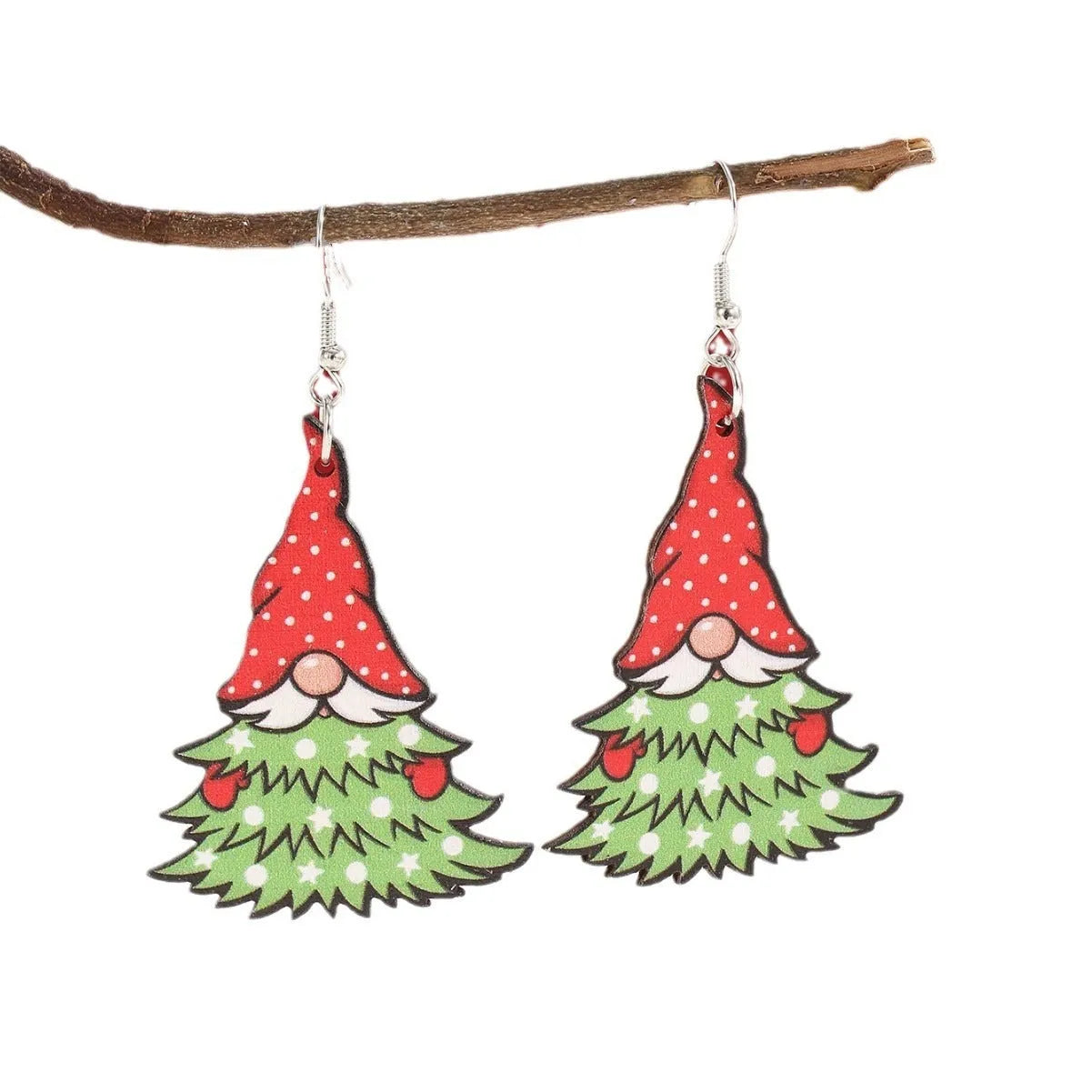Women's wooden Christmas earrings with printed tree and snowman designs and Santa motifs.