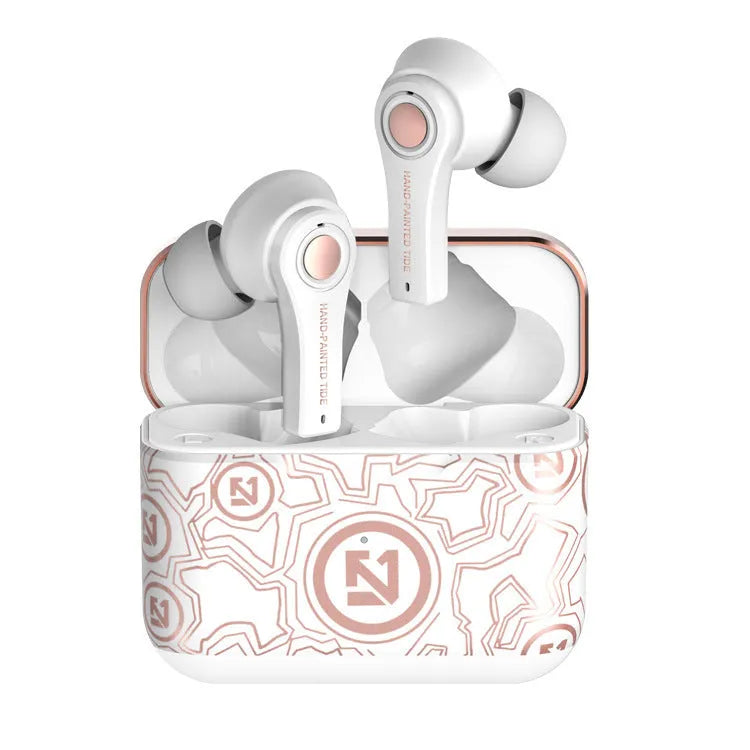 Black and white TWS touch wireless in-ear headphones with charging compartment