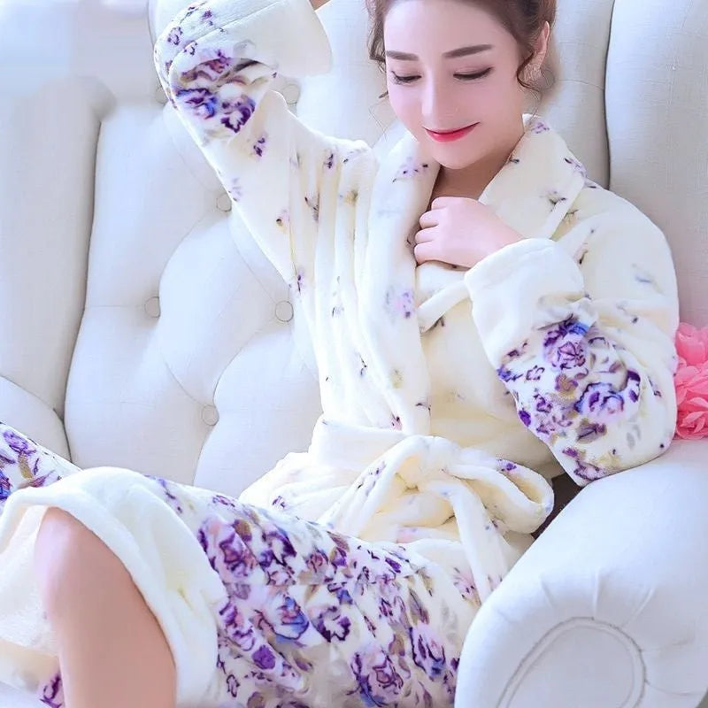 Ladies' thick flannel long sleeve bathrobe in woven pure cotton, available in Lavender colour, shown on a hanger