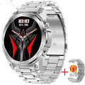 Black Bluetooth smartwatch with round AMOLED display on a silicone sports strap.
