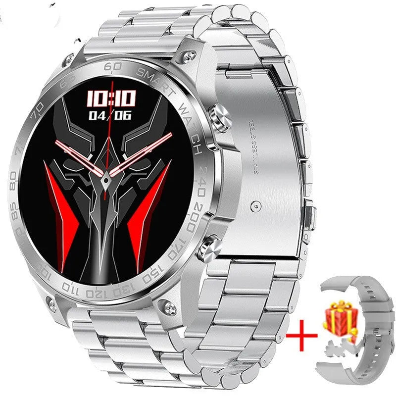 Black Bluetooth smartwatch with round AMOLED display on a silicone sports strap.