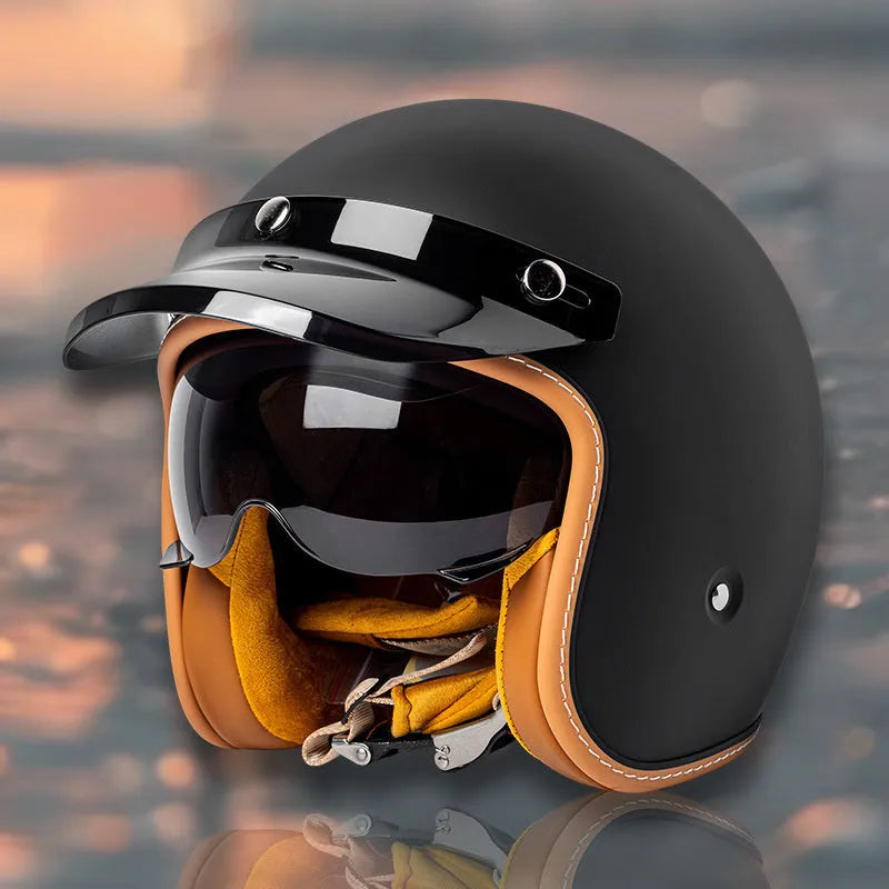 Retro outdoor half helmet for electric bike riding in ABS plastic, shown in multiple colours and sizes.