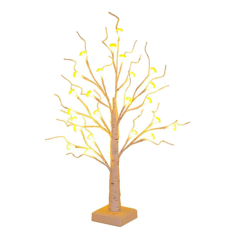 60cm tall white plastic birch tree lamp with small mushroom flowers and warm white LED light.