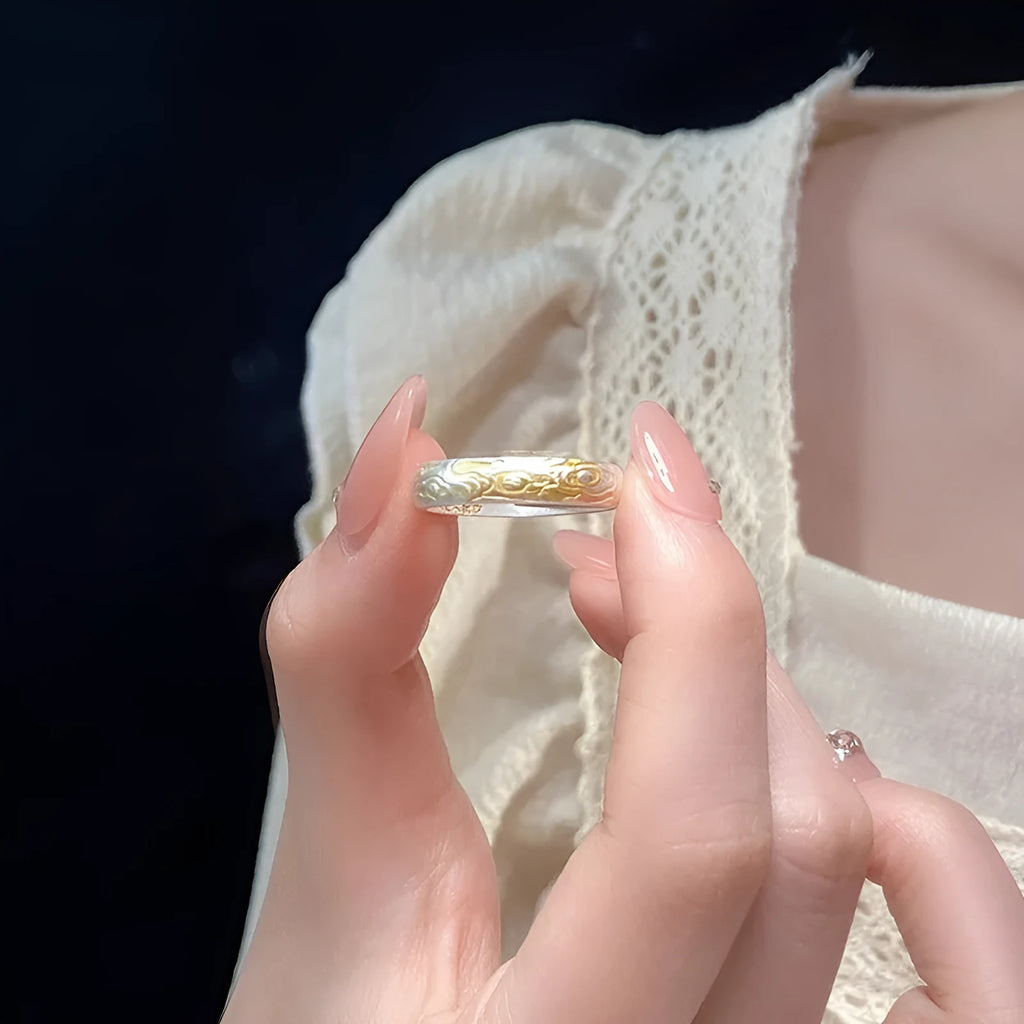 Adjustable open mouth white copper ring with geometric Xiangyun pattern and silver-gold electroplating