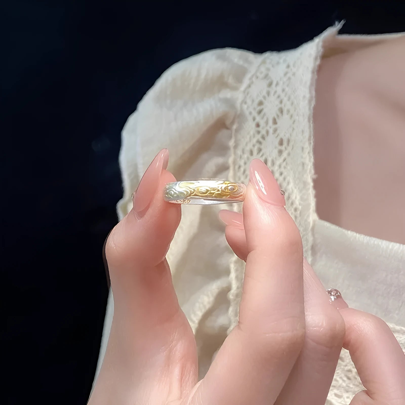 Adjustable open mouth white copper ring with geometric Xiangyun pattern and silver-gold electroplating