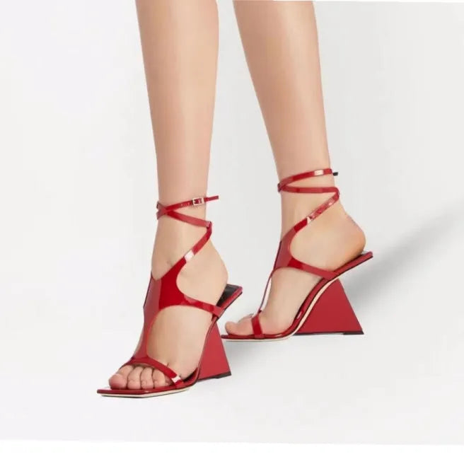 Women's black square-toe high heel sandals with a 9.5cm heel and ankle strap.