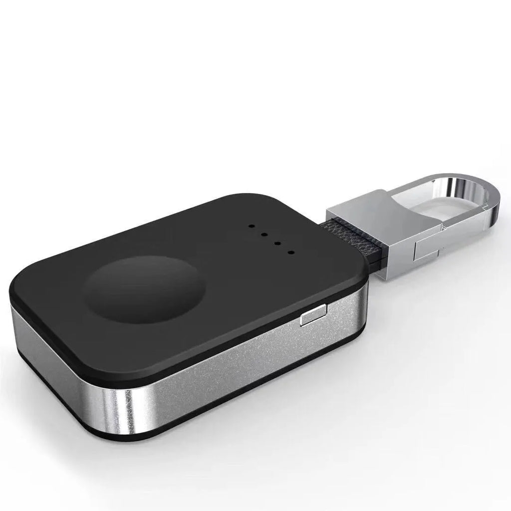Black Apple Watch keychain power bank showing compact size and keychain loop.
