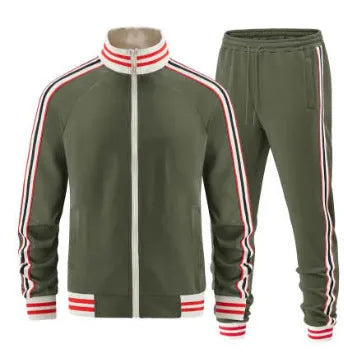 Khaki coloured turtleneck zip cardigan and matching trousers street style leisure suit.