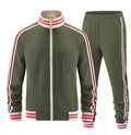 Khaki coloured turtleneck zip cardigan and matching trousers street style leisure suit.