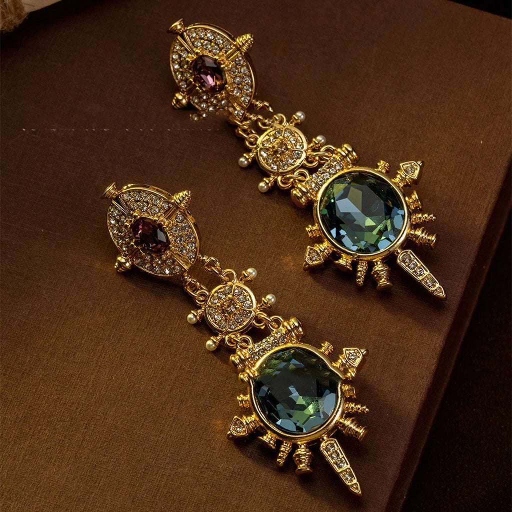 Gold retro geometry stud earrings with diamond cut treatment on alloy material