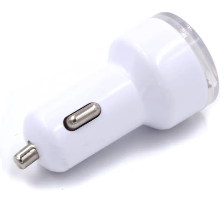 Black or white two-port car charger plugging into a 12V vehicle socket for in-car USB charging
