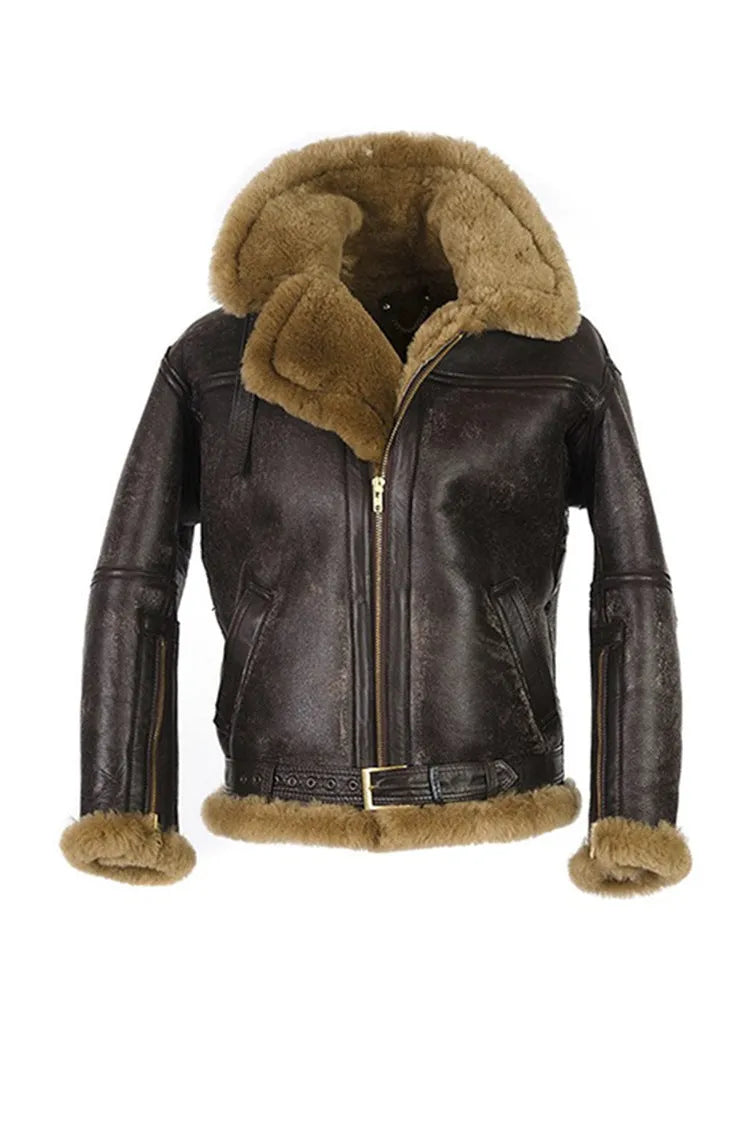 Men's vintage Western-style fur coat in black synthetic leather with straight hem design