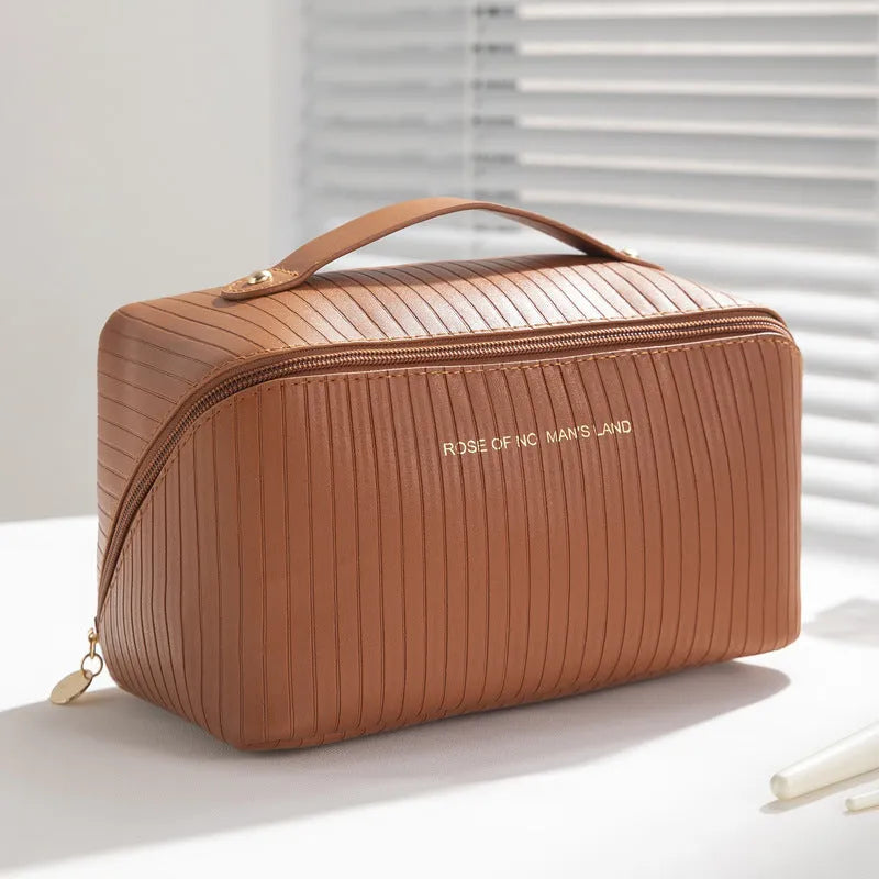 Vertical pattern PU makeup bag showing cubic 22.5cm shape in available colour options