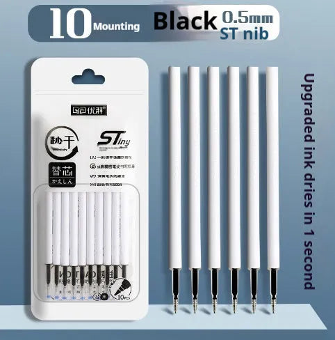 Pack of 10 quick-drying ballpoint pen refills in black, blue, red, and ink blue colours.