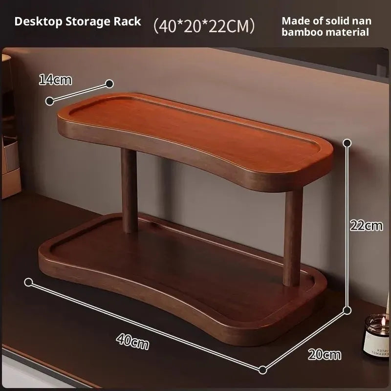 Two-layer bamboo cup storage rack on a tabletop with small items organised on both tiers