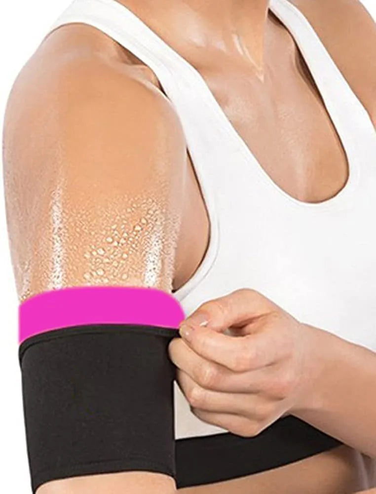 Adjustable arm sweatband with hook-and-loop strap in blue, shown on an arm during exercise.
