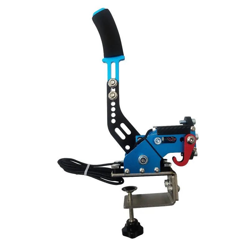 USB racing simulator handbrake with mounting clamp in choice of five colours on a grey background.