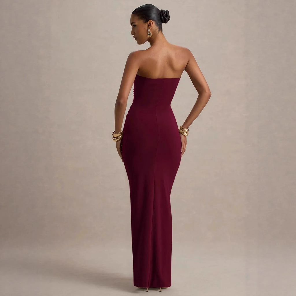 Wine red bandeau slim fit pleated sheath dress with chest wrap style stitching