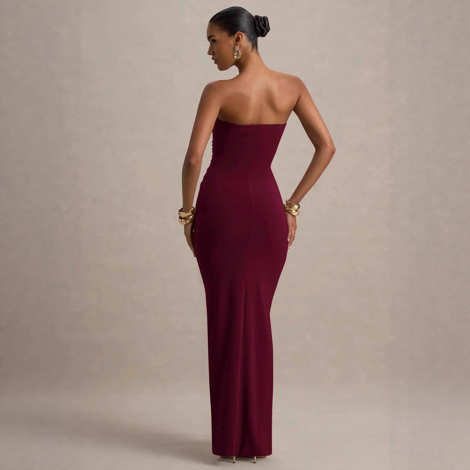 Wine red bandeau slim fit pleated sheath dress with chest wrap style stitching