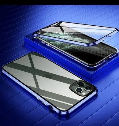 Closed black clamshell privacy case for iPhone showing front screen and sliding camera cover tabs.