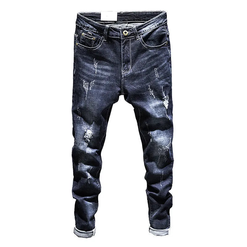 Men's dark blue and light blue skinny fit jeans with micro-elastic denim fabric.