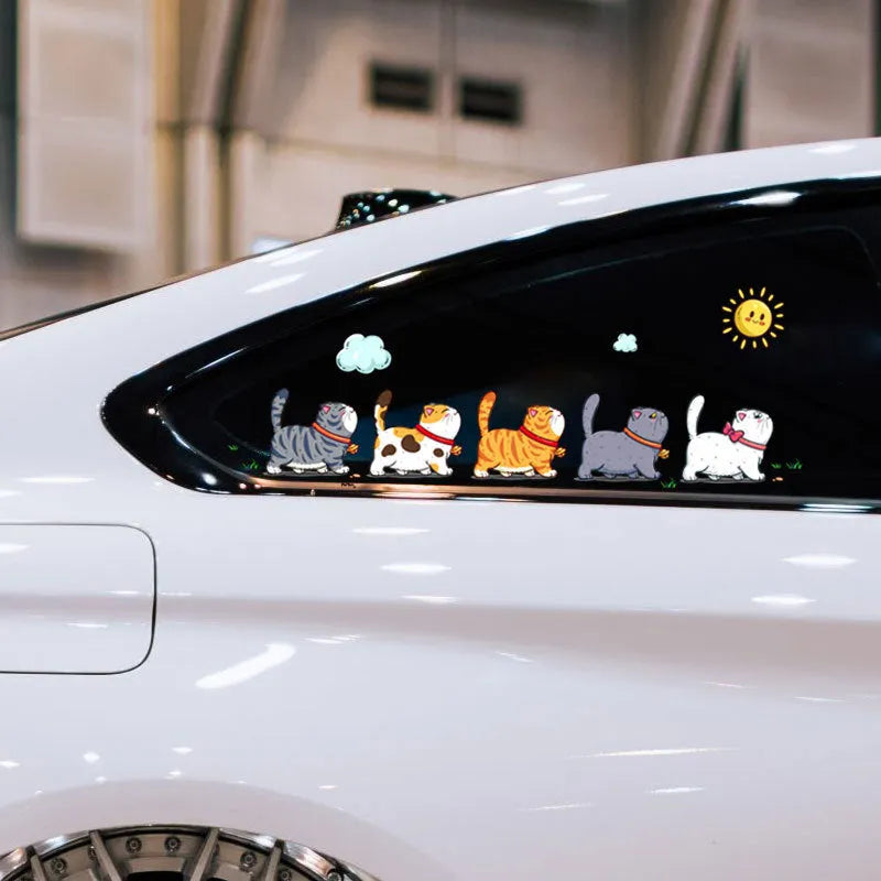 PVC waterproof car sticker showing five walking cats design for vehicle personalisation in multiple sizes
