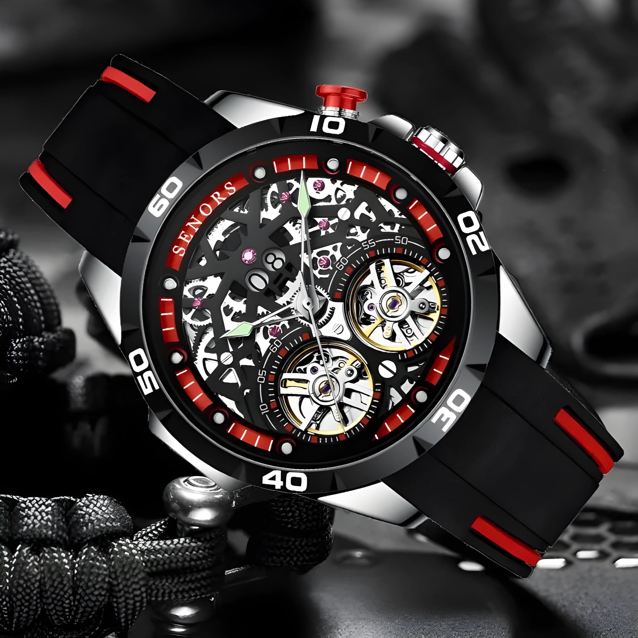 Automatic mechanical men's watch with luminous hollow skeleton dial in blue colour option