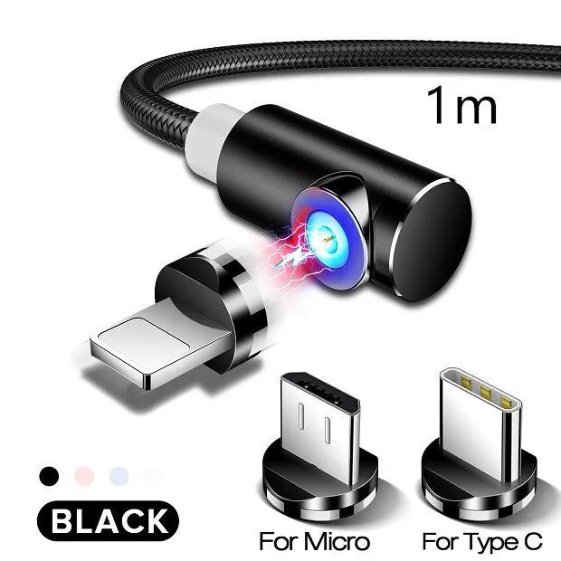 Black magnetic USB charging cable with aluminium connectors for Micro USB, Type C, and Lightning phones.