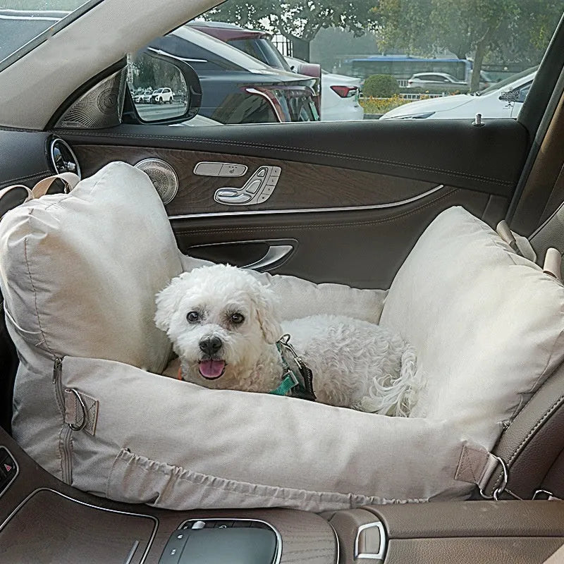 Linen car safety seat front dog bed in beige colour, 60x50x43cm cloth cushion for front seat