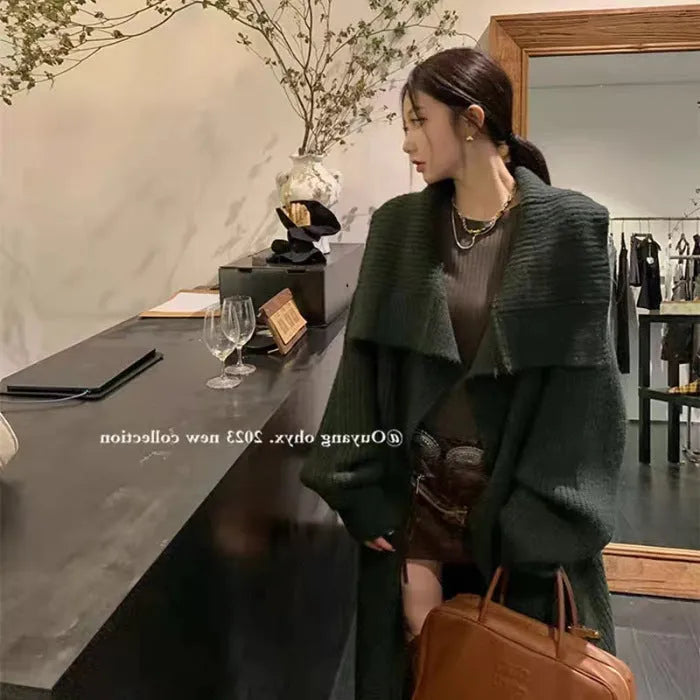 Women's autumn winter large lapel long cardigan jacket in chenille fabric with princess sleeves