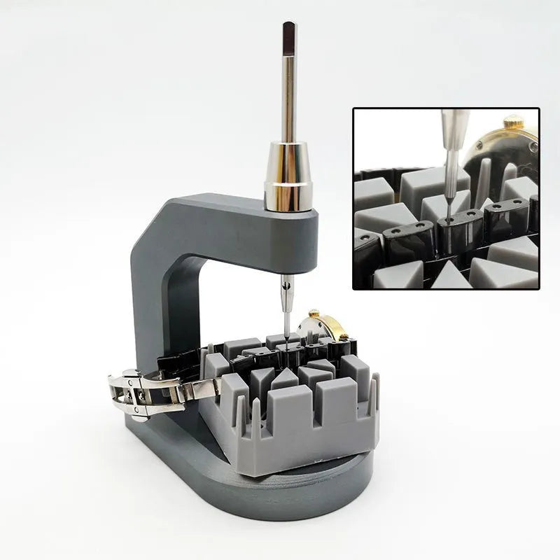 Silver multi-purpose press strap removal tool made from tool steel for watches, jewellery, glasses, and electronics