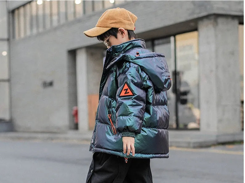 Thick winter white duck down jacket for boys, hooded Korean style, grey-green colour, front zipper closure